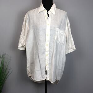 120% Lino White Linen Button Up Shirt Short Sleeve Relaxed Fit Size M